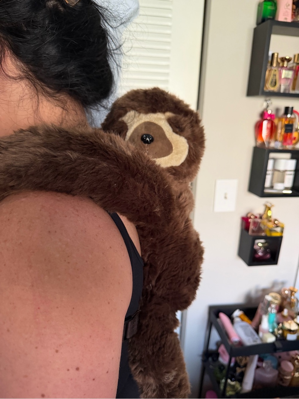 Brown sloth backpack with plush sloth design. Adjustable straps.